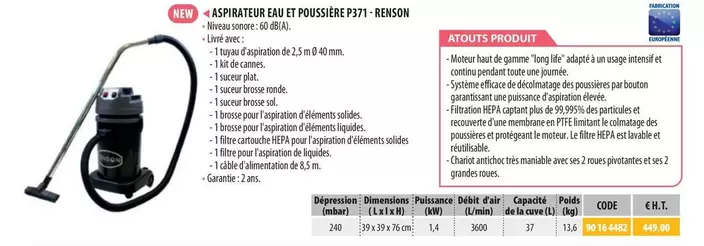 Renson - Aspirateur Eau Et Poussière P371 offre à 449€ sur Loxam