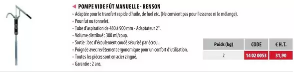 Renson - Pompe Vide Fût Manuelle  offre à 31,9€ sur Loxam