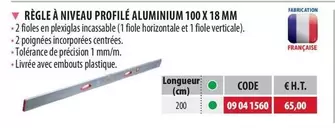 Regle A Niveau Profilè Aluminium 100 X 18 Mm offre à 65€ sur Loxam