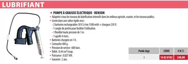 Renson - Pompe A Graisse Électrique offre à 240€ sur Loxam