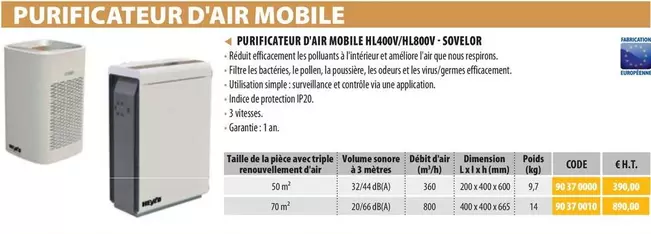 Sovelor - Purificateur D'air Mobile HL400V/HL800V offre à 390€ sur Loxam