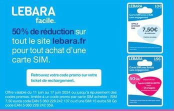 Lebara - Facile. 50% De Réduction Sur Tout Le Site Lebara.fr offre à 7,5€ sur Auchan Hypermarché