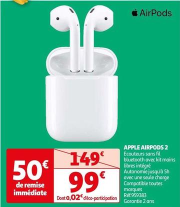 Apple - AirPods 2 offre à 99€ sur Auchan Hypermarché