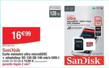 SanDisk - Carte Mémoire Ultra Microsdxc + Adaptateur Sd 128 Gb 140 Mb/S Uhs I offre à 16,99€ sur Cora