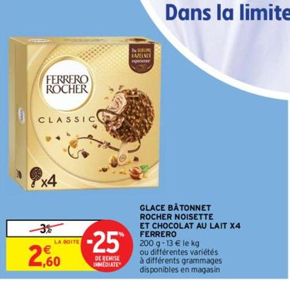 Ferrero Rocher - Glace Bâtonnet Rocher Noisette Et Chocolat Au Lait X4 offre à 2,6€ sur Intermarché Contact