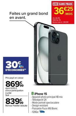 Apple - iPhone 15 offre à 839,99€ sur Carrefour