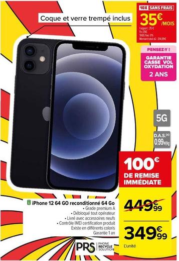 Apple - Iphone 12 64 Go Reconditionné 64 Go offre à 349,99€ sur Carrefour