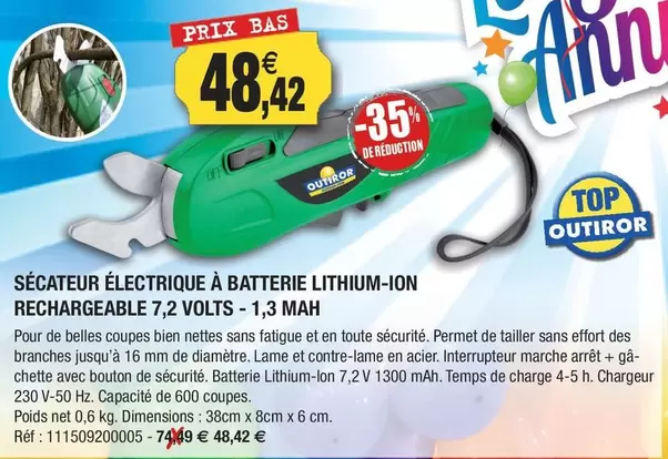 Aim - Sécateur Électrique À Batterie Lithium-ion Rechargeable 7.2 Volts - 1,3 Mah offre à 48,42€ sur Outiror