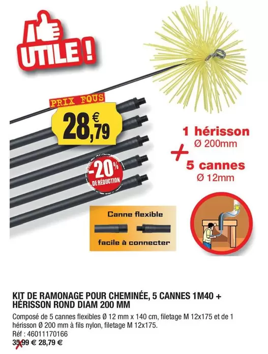 Kit De Ramonage Pour Cheminée, 5 Cannes 1M40 + Herisson Rond Diam offre à 28,79€ sur Outiror