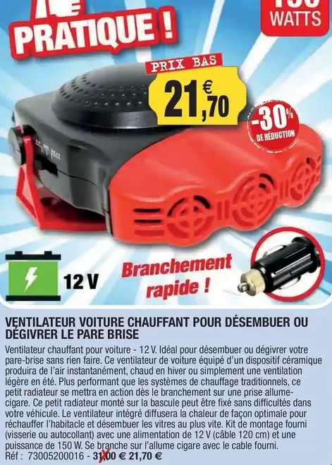 Ventilateur Voiture Chauffant Pour Désembuer Ou Dégivrer Le Pare Brise offre à 21,7€ sur Outiror