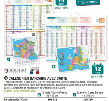 Bouchut - Calendrier Bancaire Avec Carte  offre sur Hyperburo