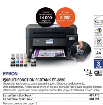 Epson - Multifonction Ecotank ET-3850 offre sur Hyperburo