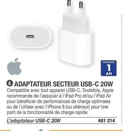 Apple - Adaptateur Secteur Usb-C 20W offre sur Hyperburo