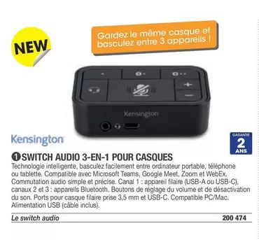 Kensington - Switch Audio 3-En-1 Pour Casques offre sur Hyperburo