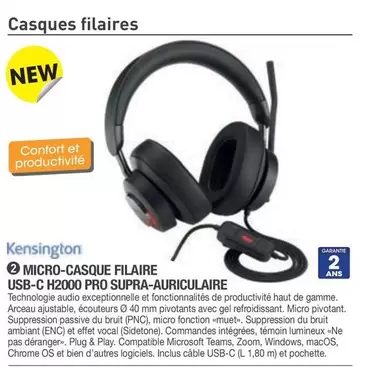 Kensington - Micro-Casque Filaire Usb-C H2000 Pro Supra-Auriculaire offre sur Hyperburo