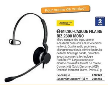 Jabra - Micro-casque Filaire Biz 2300 Mono offre sur Hyperburo