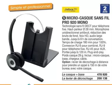 Jabra - Micro-casque Sans Fil Pro 920 Mono offre sur Hyperburo