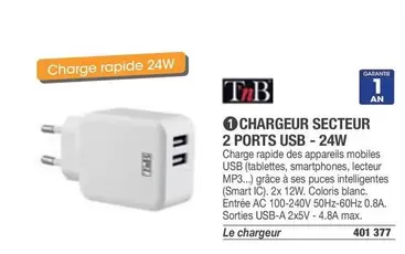 T'nB - Chargeur Secteur 2 Ports USB - 24W offre sur Hyperburo