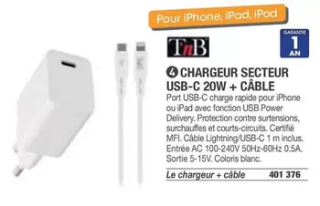 T'nB - Chargeur Secteur USB-C 20W + Cable offre sur Hyperburo