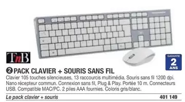 T'nB - Pack Clavier + Souris Sans Fil offre sur Hyperburo