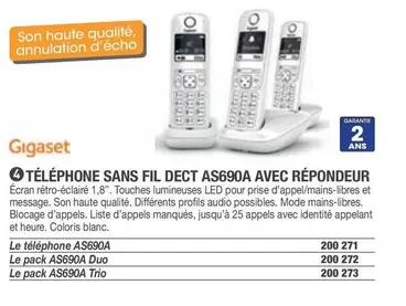 Gigaset - Téléphone Sans Fil Dect AS690A Asvec Répondeur offre sur Hyperburo