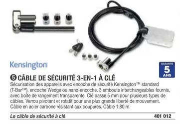 Kensington - Câble De Sécurité 3-en-1 À Clé offre sur Hyperburo