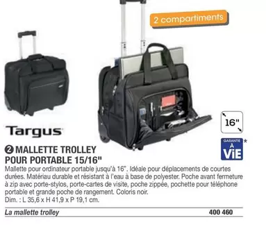 Targus - Mallette Trolley Pour Portable 15/16 offre sur Hyperburo