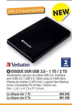 Verbatim - Disque Dur Usb 3.0 - 1 To/2 To offre sur Hyperburo