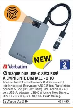 Verbatim - Disque Dur Usb-c Securisé À Empreinte Digitale - 2 To offre sur Hyperburo