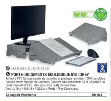 Bakker Elkhuizen - Porte-Documents Écologique 515 Igrey offre sur Hyperburo