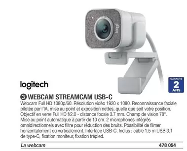 Logitech - Webcam Streamcam Usb-C offre sur Hyperburo