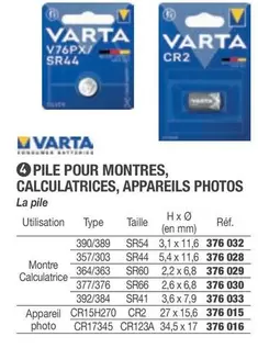 Varta - Pile Pour Montres, Calculatrices, Appareils Photos offre sur Hyperburo