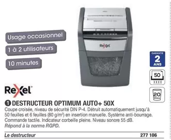 Rexel - Destructeur Optimum Auto+ 50X offre sur Hyperburo