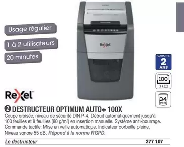 Rexel - Destructeur Optimum Auto+ 100x offre sur Hyperburo