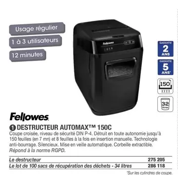 Fellowes - Destructeur Automax™ 150C offre sur Hyperburo