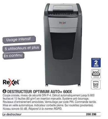 Rexel - Destructeur Optimum Auto+ 600X offre sur Hyperburo