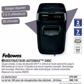 Fellowes - Destructeur Automax™ 200C offre sur Hyperburo