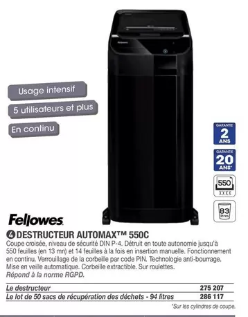 Fellowes - Destructeur Automax™ 550C offre sur Hyperburo