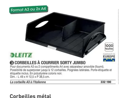 Leitz - Corbeilles À Courrier Sorty Jumbo offre sur Hyperburo