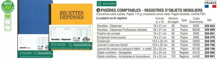 Exacompta -  Piqûres Comptables-Registres D'Objets Mobiliers  offre sur Hyperburo