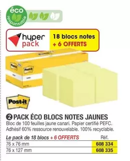 Post-it - Pack Éco Blocs Notes Jaunes offre sur Hyperburo