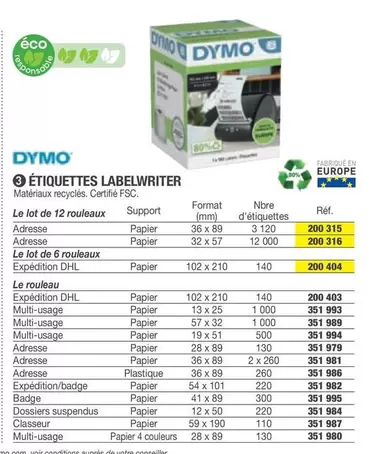 Dymo - Étiquettes Labelwritter offre sur Hyperburo