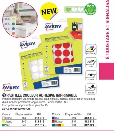 Avery - Pastille Couleur Adhésive Imprimable offre sur Hyperburo