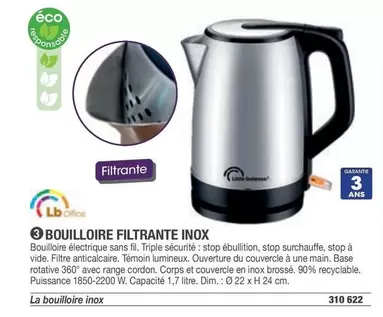 Little Balance - Bouilloire Filtrante Inox offre sur Hyperburo