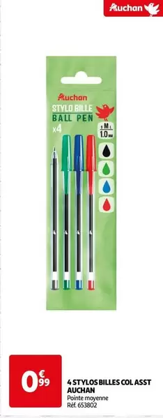 Auchan - 4 Stylos Billes Col Asst