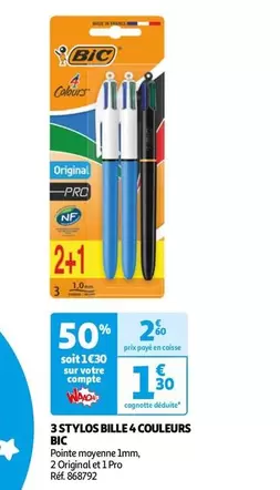 BIC - 3 Stylos Bille 4 Couleurs