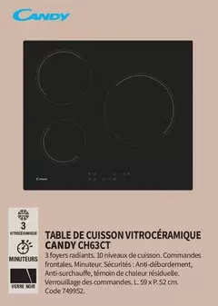 Candy -  Table De Cuisson Vitrocéramique  CH63CT  offre sur Conforama