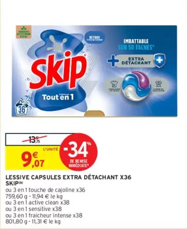 Cajoline - Skip - Lessive Capsules Extra Détachant X36