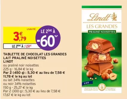 lindt - tablette de chocolat les grandes lait praliné noisettes