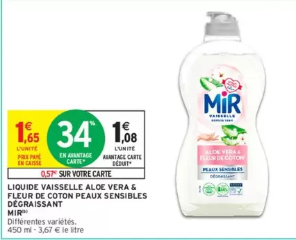 Mir - Liquide Vaisselle Aloe Vera & Fleur De Coton Peaux Sensibles Dégraissant